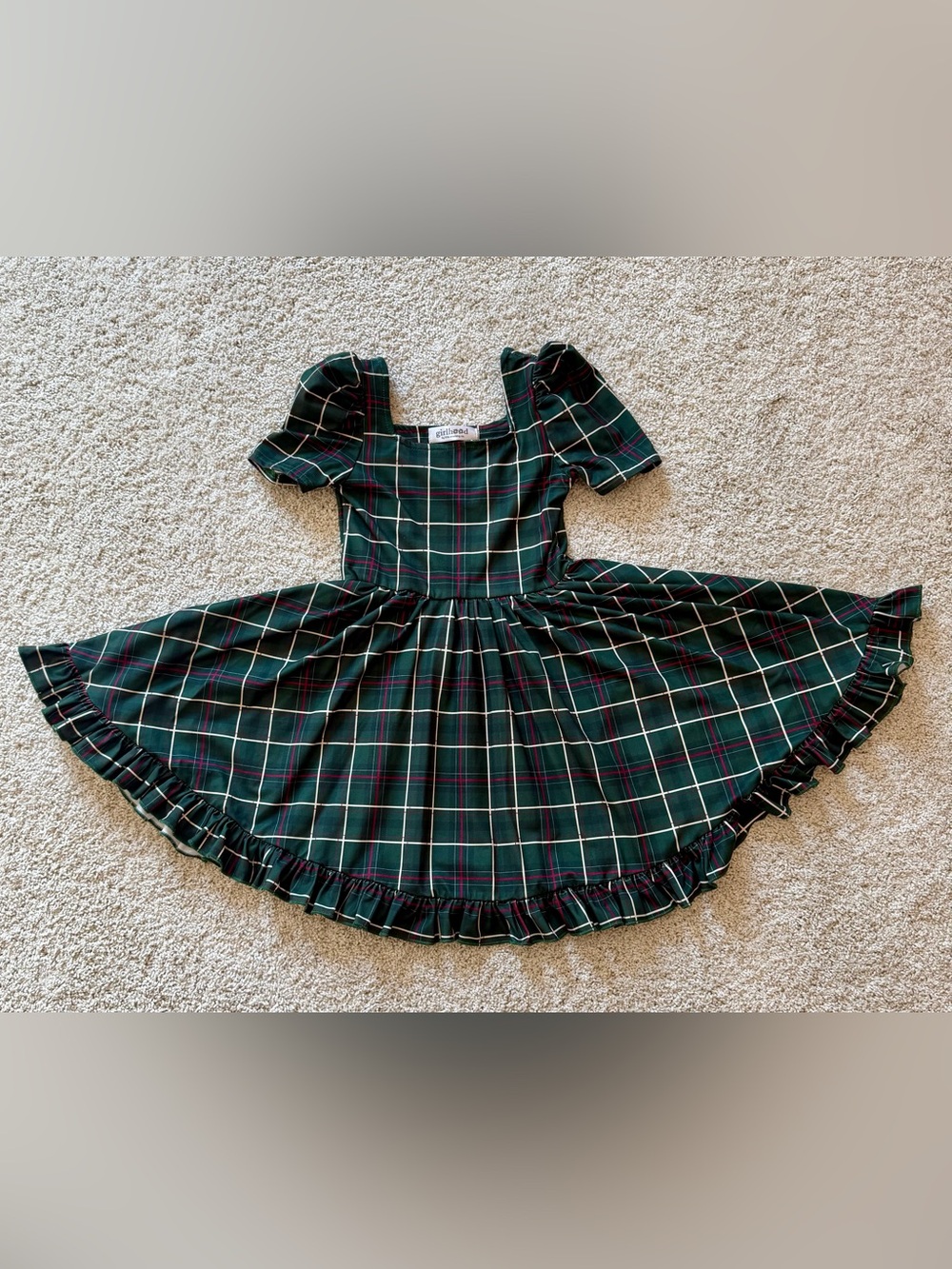 Girlhood Christmas Plaid Puff-Sleeve Twirl Dress with Ruffle Hem